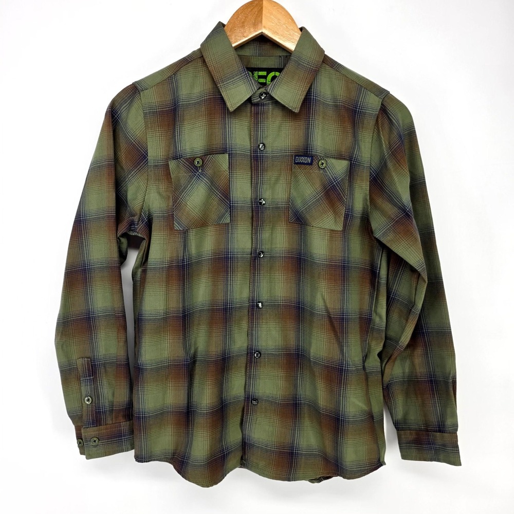 Dixxon Flannel Co Shirt Youth L Green Plaid D-Tech Button Up Long Sleeve Flannel